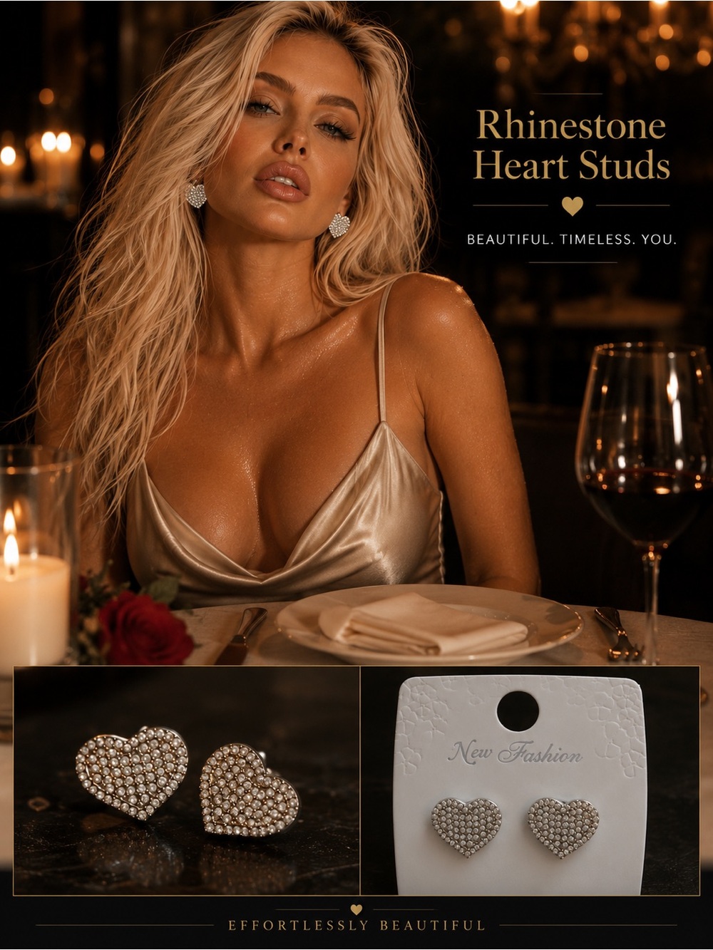Rhinestone Heart Stud Earrings - Silver Sparkle